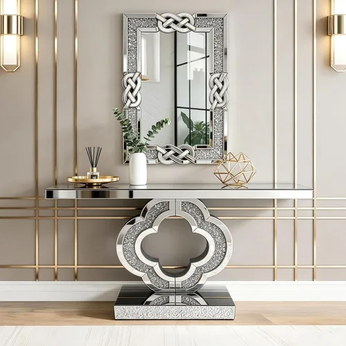 Vista 9 de SSLine Mesa de consola negra con espejo para sala de estar, mesa de entrada moderna de espejo de 43 pulgadas con base de cristal en forma de O