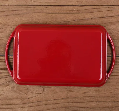 Vista 2 de LI-GELISI Sartén rectangular de hierro fundido esmaltado pre-sazonado con doble asa de 15.8 pulgadas, color rojo