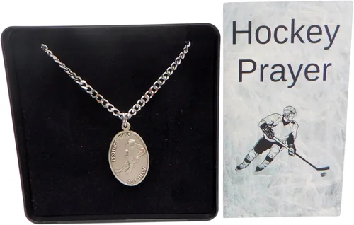 Vista 9 de Westmon Works Collar de medalla de peltre de hockey con cadena de acero inoxidable de San Sebastián, juego en caja con tarjeta de oración, joyería