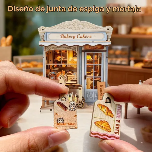 Vista 5 de Kit de construcción de casa en miniatura DIY, kit de rincón de lectura de panadería, rompecabezas de madera en 3D para estanterías, kit de casa