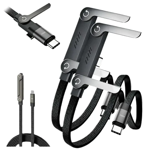 Vista 7 de Cable de carga rápida trenzado de 240 W con soporte para teléfono integrado, cable USB-C plegable duradero de 90 grados, cable USB C de ángulo