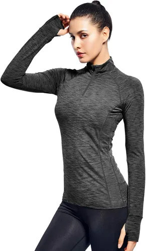 Vista 2 de Zengjo - Tops de entrenamiento con cremallera de un cuarto y manga larga para mujer, suéter de running con cremallera de 1/4 Negro/Gris