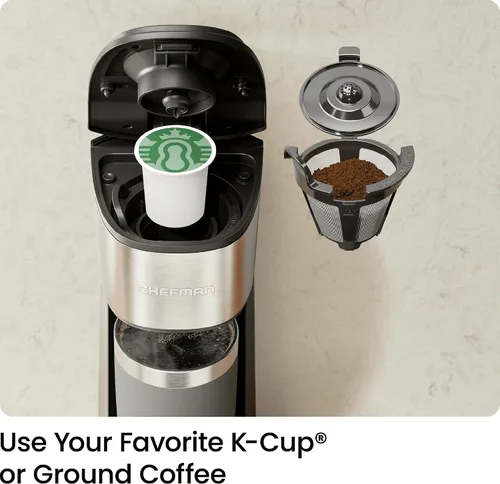 Vista 4 de CHEFMAN Cafetera de una sola porción, cafetera K Cup: compatible con cápsulas K-Cup y café molido, cafetera de goteo de 6 a 12 onzas, depósito