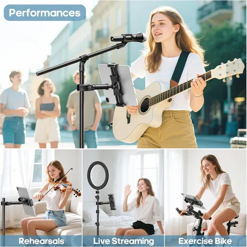 Vista 6 de KDD Soporte para iPad para soporte de micrófono, soporte ajustable para tableta y teléfono para soporte de música de micrófono, soporte de manillar