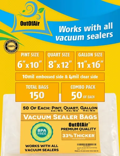 Vista 2 de 150 bolsas selladoras al vacío: 50 pintas (6" x 10"), 50 cuartos (8" x 12"), 50 galones (11" x 16") por OutOfAir - Funciona con FoodSaver y otros