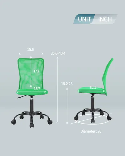 Vista 7 de Silla de oficina ergonómica de malla con soporte lumbar, altura ajustable, giratoria, para mujeres y hombres, sin brazos, diseño moderno, verde