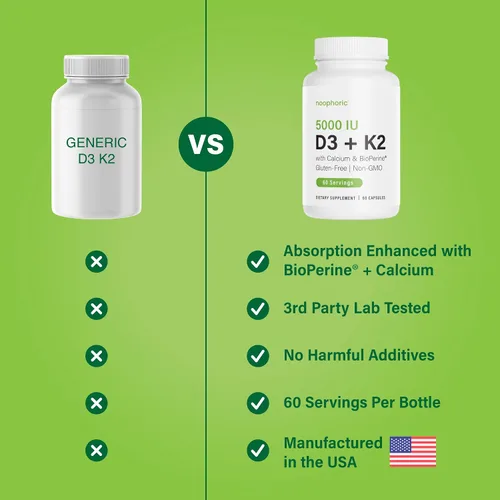 Vista 4 de Noophoric Vitamina D3 K2 5000 UI, D3 con K2 MK7, cápsulas de vitamina D3 K2 con calcio y bioperina, sin OMG, sin gluten, sin soja, 60 cápsulas