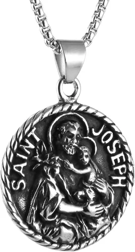 Vista 3 de AsAlways Saint Joseph Collar de acero inoxidable con medalla de los santos patronos católicos, regalo de bendiciones de medallón de viajero