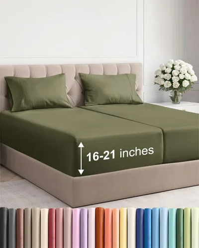 Vista 75 de Juego de sábanas tamaño Queen con bolsillos extra profundos, sábanas transpirables y refrescantes de 4 piezas, ropa de cama de lujo para hotel