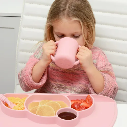 Vista 5 de PrimaStella Taza de entrenamiento de silicona para bebés y niños pequeños con asas (coral)