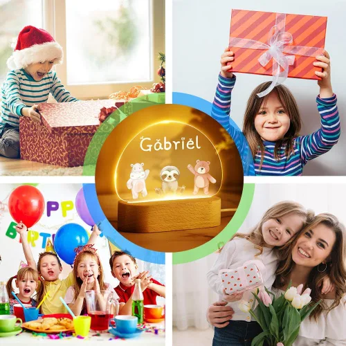 Vista 5 de VEELU Regalos personalizados para niños, luz nocturna con nombre personalizado con lindos animales, lámpara LED acrílica para bebé, regalo