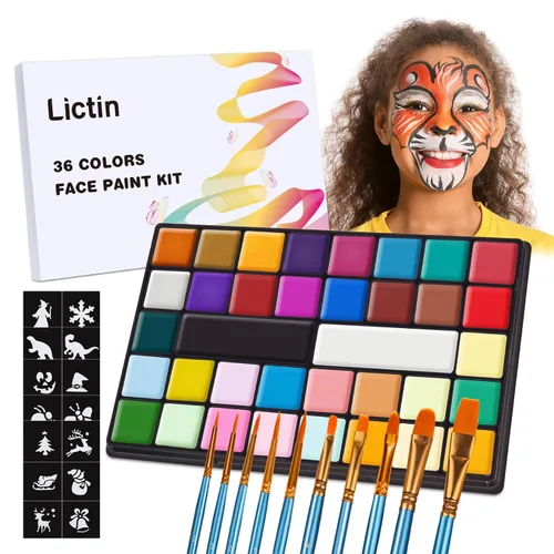 Vista 9 de Lictin Pintura Facial a Base de Agua - Kit de Pintura Facial de 18 Colores con Plantillas y Brochas, Kit de Maquillaje de Halloween para Adultos