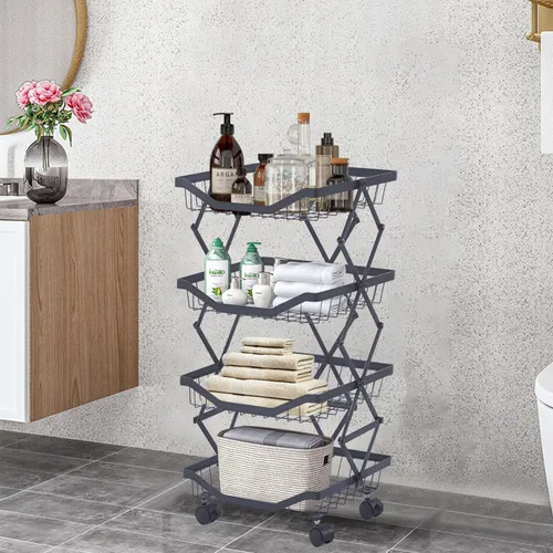 Vista 7 de Cesta de frutas de 4 niveles para cocina, apilable de alambre de metal, cesta de frutas y verduras con ruedas, carrito de utilidad con ruedas