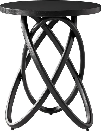 Vista 8 de COZAYH Mesa auxiliar redonda estilo granja de madera, mesa lateral rústica soporte para plantas con diseño de líneas entrelazadas para sala de Negro