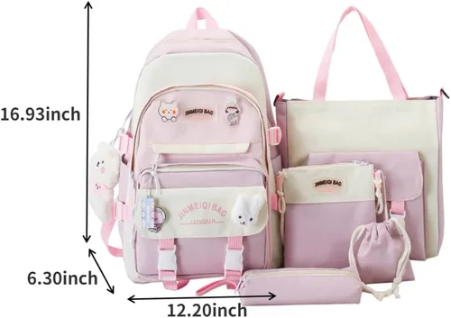 Vista 7 de MIFJNF Mochila kawaii de 5 piezas para la escuela, mochila estética kawaii, suministros escolares Kawaii, conjunto de mochila con accesorios, Negro