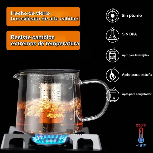 Vista 2 de Tetera de vidrio 1000 ml/34 oz con infusor extraíble de acero inoxidable, tetera de vidrio resistente al calor de borosilicato, hervidor de té