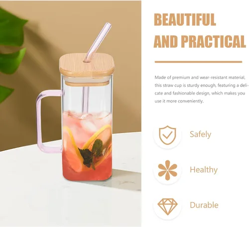 Vista 7 de Hemoton Beber con tapa de bambú y juego – Taza cuadrada de 13.5 oz (13.5 fl oz) con asa, vasos de café helado (rosa)