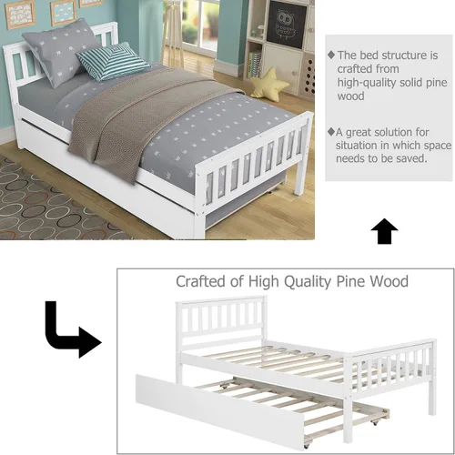 Vista 8 de Base de cama individual con nido, marco de cama de plataforma con cabecero y estribo, cama de madera maciza individual para dormitorio, espacio