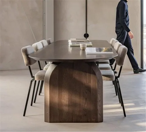Vista 6 de Moderna mesa ovalada sólida con doble pedestal, madera natural, muebles de estilo Wabi-sabi para comedor, cocina, ocio, mesa de centro, color Marrón