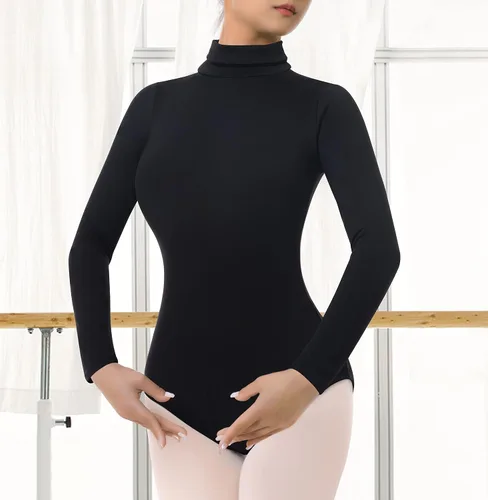 Vista 2 de BAKPH Maillot de ballet de baile para mujer cuello alto manga larga con broches duraderos