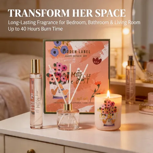 Vista 7 de Hidden Label Juego de velas de soja: regalo de geranio y rosa "Best Mom" con difusor de varillas y spray para habitación Cestas de regalo para mamá