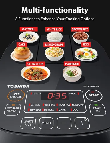 Vista 3 de TOSHIBA Arrocera pequeña de 3 tazas sin cocer - Pantalla LCD con 8 funciones de cocción: arroz, avena, granos mezclados y más, olla interior Gris