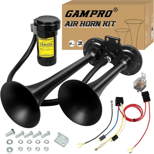 Vista 9 de GAMPRO Bocina de aire de 150db 12V, trompeta doble de zinc cromado con compresor para cualquier vehículo de 12 V (negro)