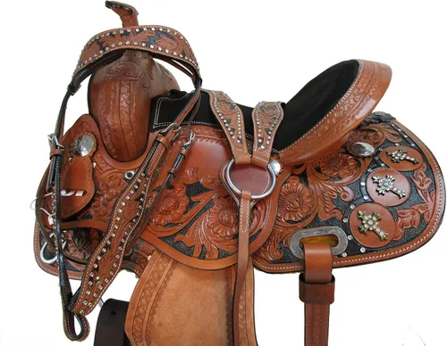 Vista 9 de Western Saddle Barril Racing Caballo Placer Floral Tooled Cuero Trail Tack Cowboy Rodeo Set 15 16 17 18