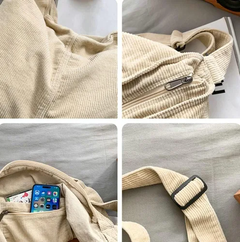 Vista 7 de Bolso Hobo para mujeres y hombres, bolso de hombro de pana de gran capacidad, bolso cruzado minimalista de viaje