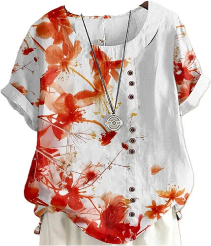 Vista 7 de domirica Camisetas de verano para mujer 2024 con estampado de flores, algodón, lino, manga corta, cuello redondo, camisas casuales de moda