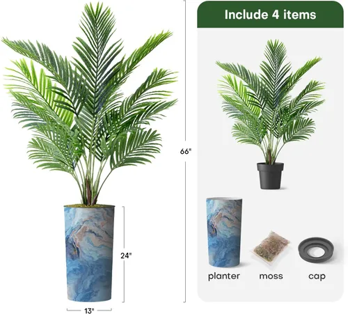 Vista 3 de Árbol artificial en macetero con efecto de granito moderno, palmera tropical areca artificial de seda para decoración del hogar en interiores