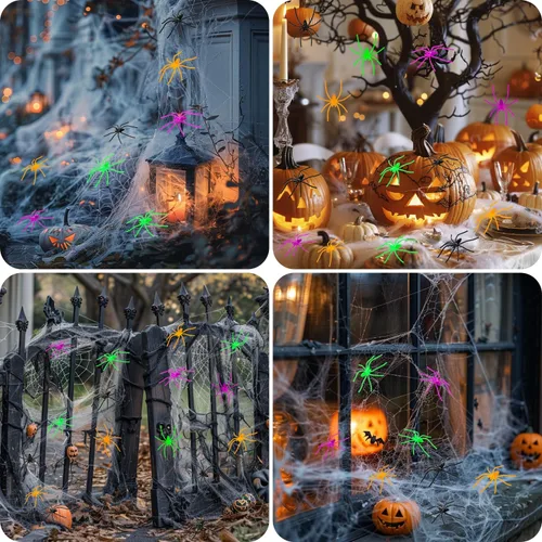 Vista 6 de Labeol 160 arañas falsas, 4 colores realistas de plástico de arañas falsas, accesorios de broma para Halloween, juguetes aterradores para fiestas