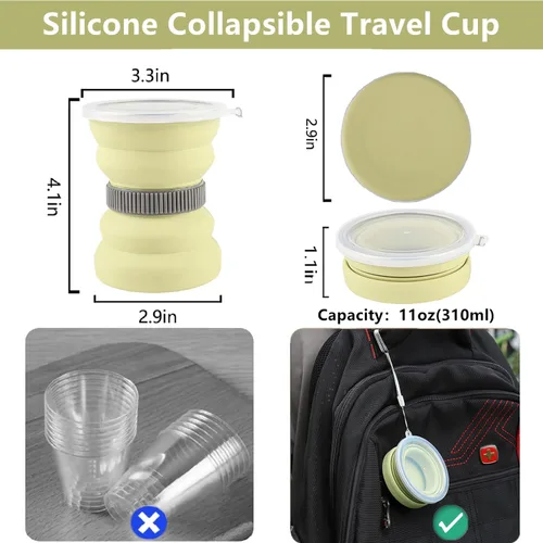 Vista 5 de IYYI Taza de viaje plegable, taza plegable de 10.5 onzas con tapa, tazas plegables de silicona para camping, senderismo, al aire libre, viajes, taza