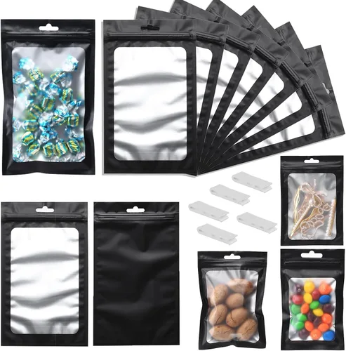 Vista 25 de 400 bolsas de Mylar resellables de 4 x 5 pulgadas, color negro, para almacenamiento de alimentos, bolsa resellable de Mylar con ventana transparente