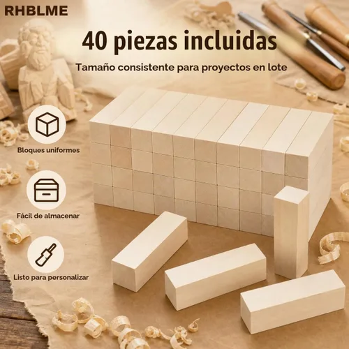 Vista 3 de RHBLME 40 bloques de tallado de tilo, bloques de madera sin terminar de 4 x 1 x 1 pulgada para tallar, cubos de madera maciza suave para tallar