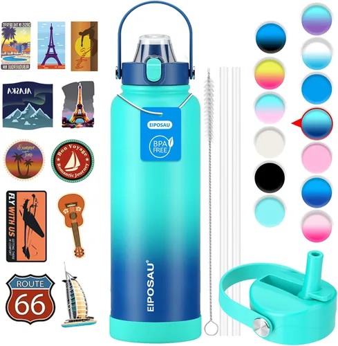 Vista 45 de Botella de agua aislada con tapa, bota y calcomanías, botella de acero inoxidable de 24 onzas, sin sudor, mantiene el frío las 24 horas, botella