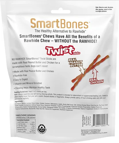 Vista 8 de SmartBones - Smart Twist Sticks con mantequilla de maní, 50 unidades, masticables sin piel cruda para perros, SBTT-02943, 50