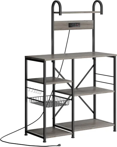 Vista 8 de JAMFLY Estante para hornear de cocina de 35.4 pulgadas con toma de corriente, mesa de café y soporte para horno microondas, estante de Gris