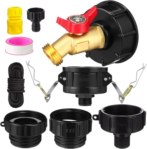 Vista 9 de Ibc Tote Adapter, Válvula Doble Azul, 3/4 '' macho Npt a 3/4 '' Ght Válvula Ibc para tanque de agua de 275-330 galones, válvula de grifo de manguera