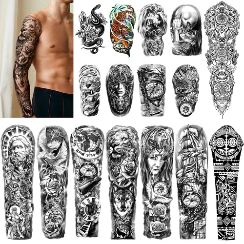 Vista 8 de Yazhiji Tatuajes temporales extragrandes, 8 hojas de tatuajes falsos de brazo completo y 8 hojas de pegatinas de tatuaje de medio brazo para hombres