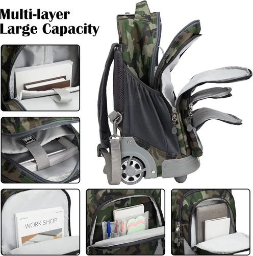 Vista 3 de WEISHENGDA Mochila con ruedas de 18 pulgadas para adultos y estudiantes escolares, libros de viaje cortos, bolsas de carrito para laptop, camuflaje
