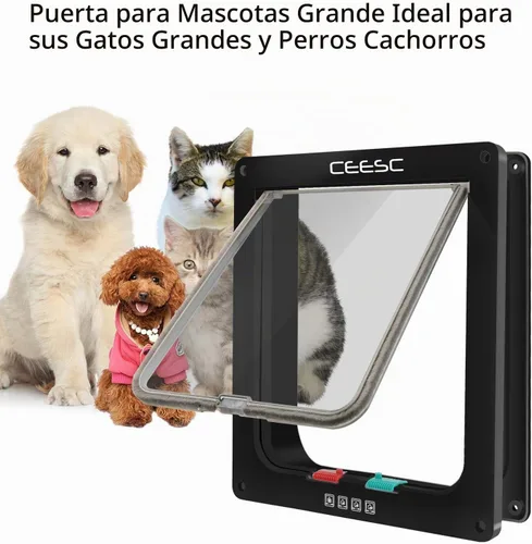 Vista 6 de CEESC Puerta de gato grande para interior/exterior, negra, para mascotas