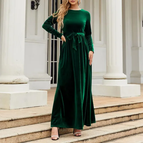 Vista 5 de Vestido largo para mujer, primavera, otoño e invierno, elegante, estilo temperamento, terciopelo dorado, liso, vestido largo para mujer
