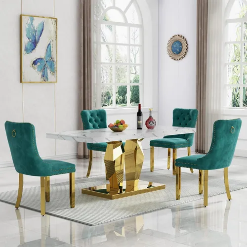 Vista 22 de Juego de 5 mesas de comedor de mármol sintético, juego de mesa de cocina y comedor para 4, mesa de comedor rectangular blanca de 70 pulgadas