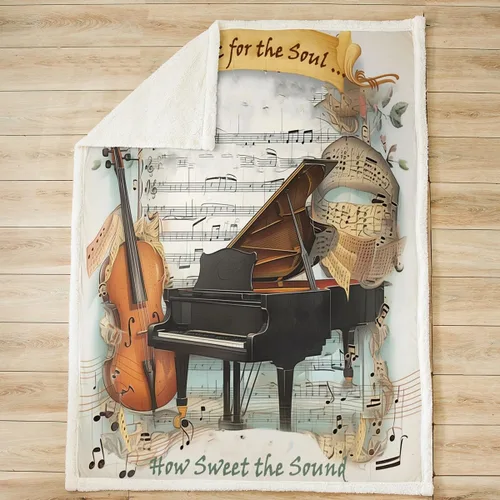 Vista 2 de Manta de violonchelo de piano, manta temática musical para niños, niñas, niños y adultos, decoración de habitación de estilo retro, manta de vellón
