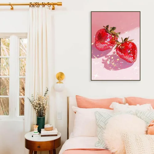Vista 5 de RYMILIE Kits de pintura artística de diamante rosa para adultos, pintura de puntos de diamante de fresa para principiantes, pintura redonda 5D