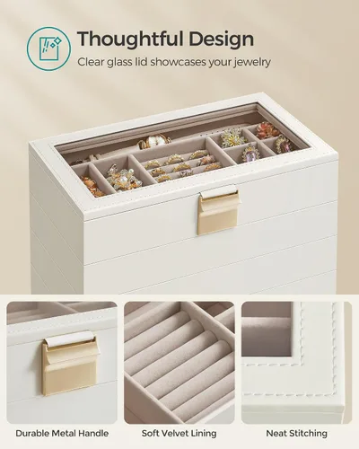 Vista 5 de SONGMICS Bandejas de joyería apilables, caja de joyería de 6 niveles, organizador de joyas con cajón, con tapa de vidrio, divisores extraíbles