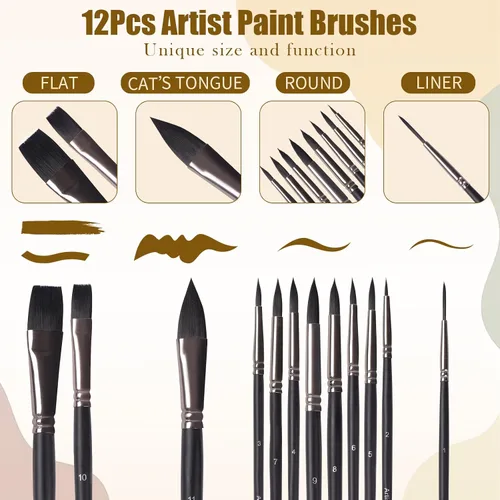 Vista 7 de Juego de pinceles para acuarela, 12 pinceles profesionales para pintura acrílica, pinceles de pintura al óleo para cabello fino sintético suave