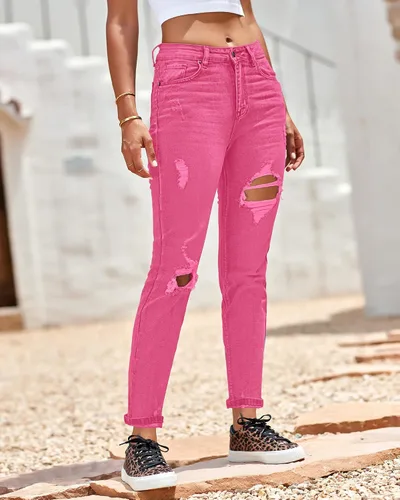 Vista 3 de GRAPENT Jeans casuales de cintura alta para mujer, rasgados, elásticos y cónicos