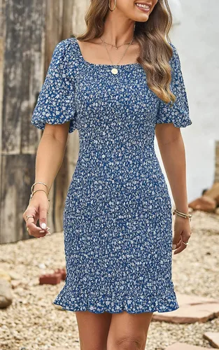 Vista 4 de PRETTYGARDEN Vestido corto ajustado floral de manga corta abombada para mujer, vestido de verano con cuello cuadrado con volantes, vestido fruncido